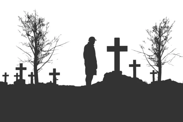 泣いている兵士 戦争墓地に ブラックシルエット ベクトルイラスト — ストックベクタ