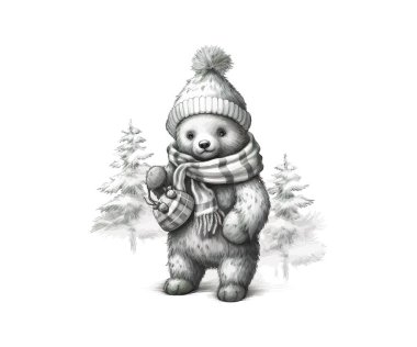 Kuzey ayısı şapkalı ve eşarplı elinde Noel var. Vektör illüstrasyon tasarımı.