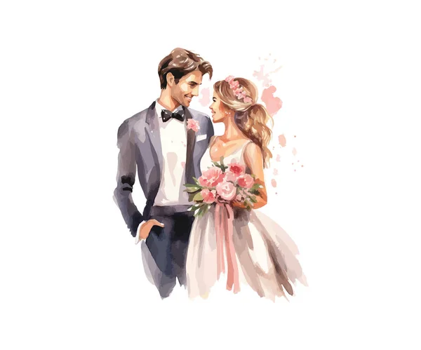 Couple Marié Avec Des Fleurs Aquarelle Illustration Vectorielle — Image vectorielle