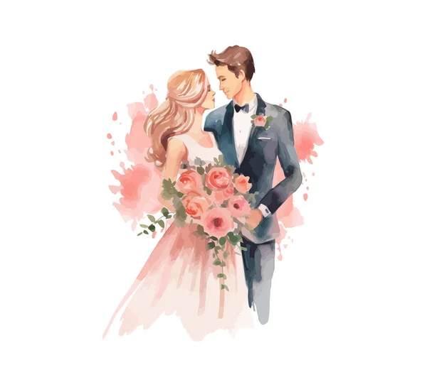 Matrimonio Coppia Sposata Con Fiori Acquerello Progettazione Illustrazione Vettoriale — Vettoriale Stock