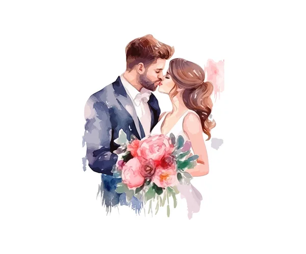 Esküvői Pár Házas Virágokkal Akvarell Vektor Illusztrációjának Kialakítása — Stock Vector
