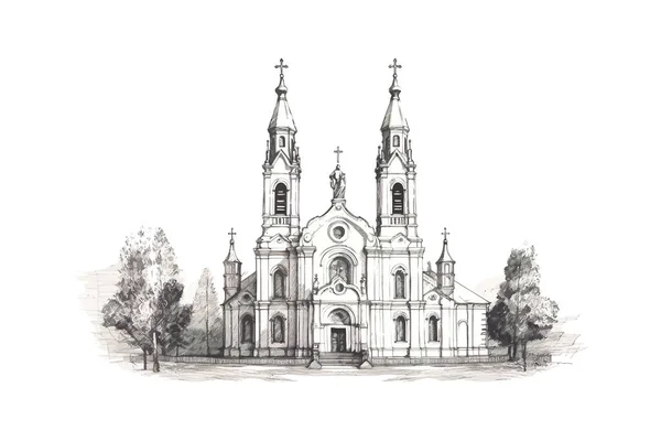 Rysowany Ręcznie Szkic Kościoła Katolickiego Projekt Ilustracji Wektorowej — Wektor stockowy