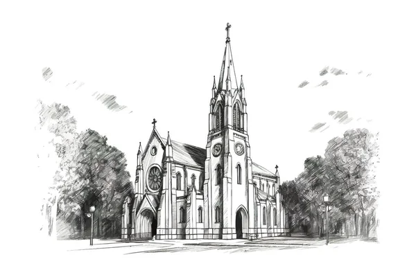 Dibujo Dibujado Mano Iglesia Católica Diseño Ilustración Vectorial — Vector de stock
