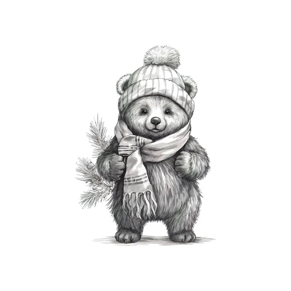 Северный Медведь Шляпе Шарфе Держит Рождество Векторная Иллюстрация — стоковый вектор