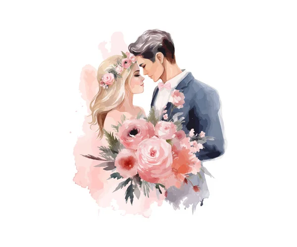 Bröllopspar Gifta Med Blommor Akvarell Vektor Illustration Design — Stock vektor