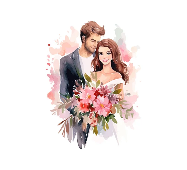 Bröllopspar Gifta Med Blommor Akvarell Vektor Illustration Design — Stock vektor