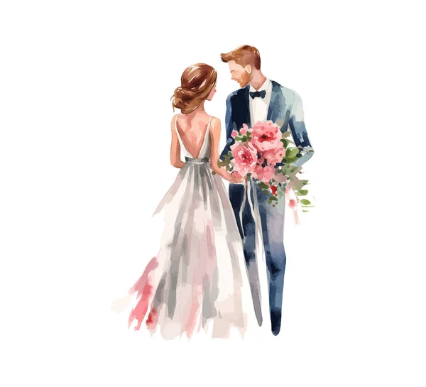Весільна Пара Одружилася Квітами Аквареллю Векторний Дизайн Ілюстрації — стоковий вектор