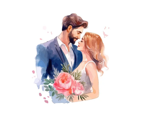 Hochzeitspaar Verheiratet Mit Blumen Aquarell Vektor Illustrationsdesign — Stockvektor