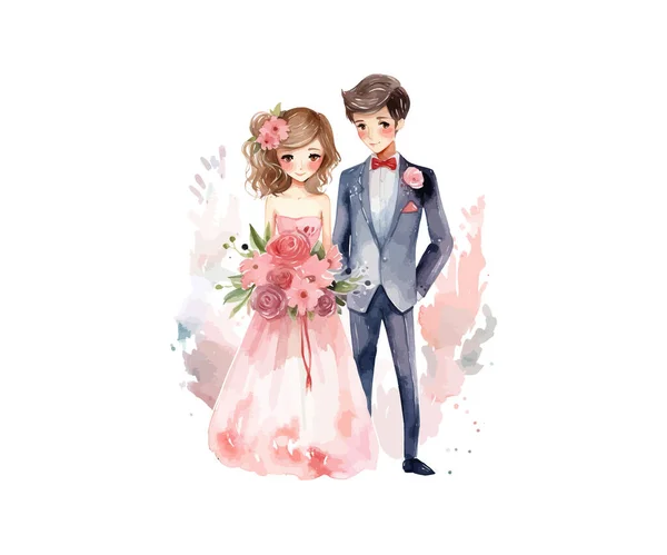 Γάμος Ζευγάρι Παντρεμένος Λουλούδια Ακουαρέλα Σχεδιασμός Εικονογράφησης Διανύσματος — Διανυσματικό Αρχείο