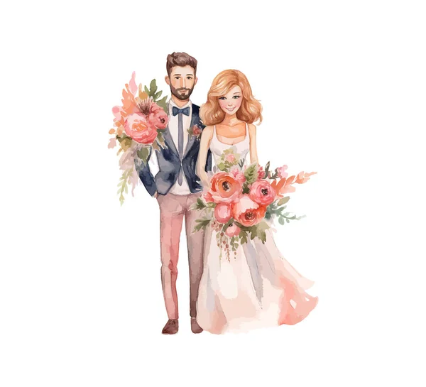 Matrimonio Coppia Sposata Con Fiori Acquerello Progettazione Illustrazione Vettoriale — Vettoriale Stock