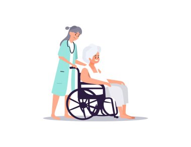 Hemşireler günün kutlu olsun. Hemşire yaşlı bir kadınla ilgileniyor. Vektör illüstrasyon tasarımı.