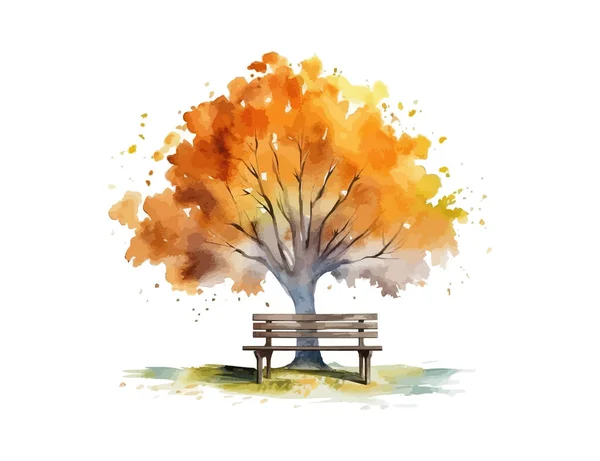Herbstbaum Mit Bank Aquarell Vektor Illustrationsdesign — Stockvektor