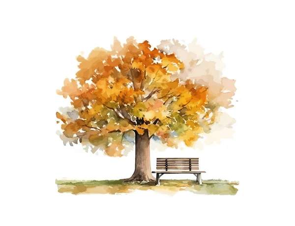 Podzimní Strom Bench Akvarelem Návrh Vektorové Ilustrace — Stockový vektor