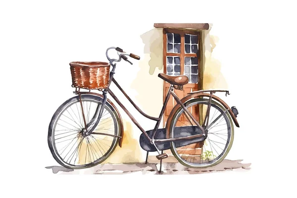 Bicicletta Vintage Acquerello Sotto Finestra Progettazione Illustrazione Vettoriale — Vettoriale Stock