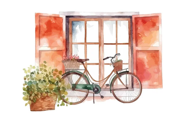 Aquarell Oldtimer Fahrrad Unter Dem Fenster Vektor Illustrationsdesign — Stockvektor