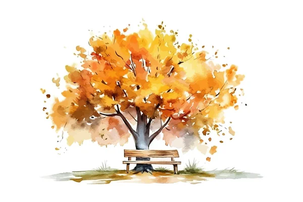 长有长椅水彩画的秋天树 矢量图解设计 — 图库矢量图片