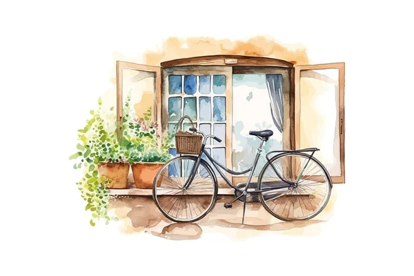 Watercolor Vintage Bicycle Window Vector Illustration Design — Stock Vector