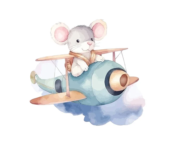 Maus Fliegt Auf Einem Flugzeug Aquarell Vektorillustration — Stockvektor