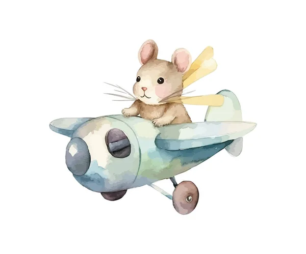 Мышь Летит Самолете Акварелью Векторное Рисование — стоковый вектор