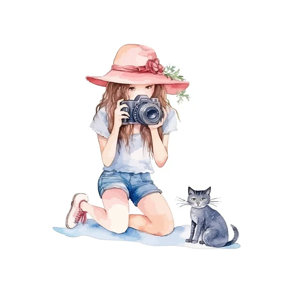 かわいい女の子の旅行者は 子猫が写真を撮っている ベクトルイラスト — ストックベクタ