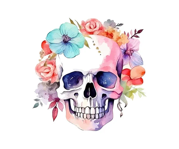 Crâne Fleurs Aquarelle Illustration Vectorielle Desing — Image vectorielle