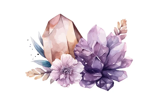 Kristalle Und Blumen Aquarell Vektor Illustrationsdesign — Stockvektor