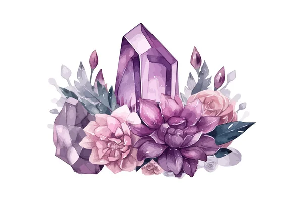 水晶和花朵的水彩画 矢量图解绘制 — 图库矢量图片