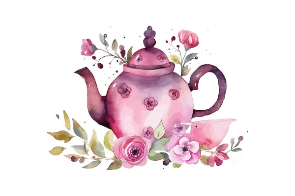 Акварель Романтичный Домашний Чайник Векторная Иллюстрация — стоковый вектор