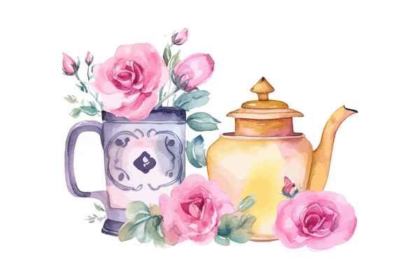 Акварель Романтичный Домашний Чайник Векторная Иллюстрация — стоковый вектор