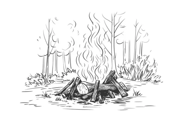 Brûlure Feu Dans Croquis Forestier Dessiné Main Illustration Vectorielle — Image vectorielle