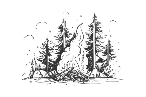 描かれた森のスケッチの手で燃えるボンファイア ベクトルイラストデザイン — ストックベクタ