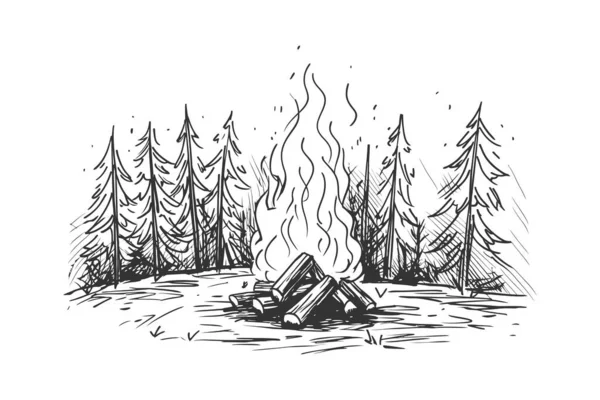 Lagerfeuer Brennen Wald Skizze Handgezeichnet Vektor Illustrationsdesign — Stockvektor