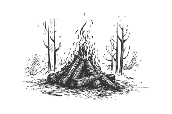 Falò Che Brucia Nel Bozzetto Foresta Disegnato Mano Progettazione Illustrazione — Vettoriale Stock