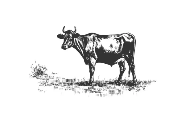 Vaca Pastando Prado Retro Bosquejo Dibujado Mano Diseño Ilustración Vectorial — Vector de stock