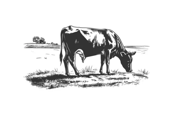 Krowa Pasąca Się Łące Rysowany Szkic Projekt Ilustracji Wektorowej — Wektor stockowy