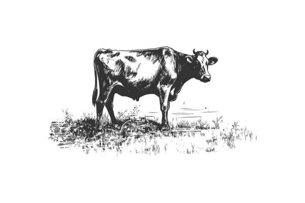 Корова Випасає Лузі Ретро Рука Намальована Ескізом Векторний Дизайн Ілюстрації — стоковий вектор