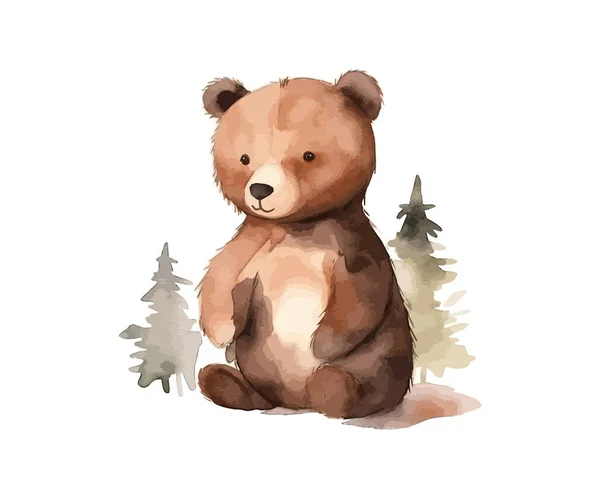 Cute Little Bear Woodland Baby Forest Animal Watercolor Vector Illustration — Stock Vector