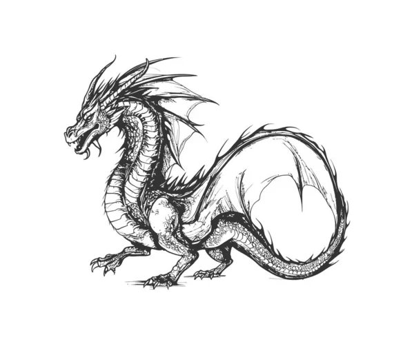 Fantasy Dragon Croquis Dessiné Main Vue Latérale Illustration Vectorielle — Image vectorielle
