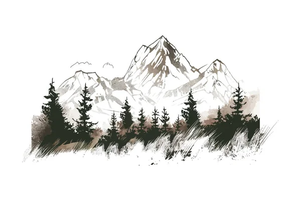 Montanhas Floresta Desenhado Mão Esboço Desenho Ilustração Vetorial —  Vetores de Stock