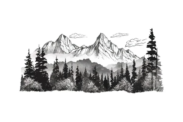 Montagne Bozzetto Disegnato Mano Foresta Progettazione Illustrazione Vettoriale — Vettoriale Stock