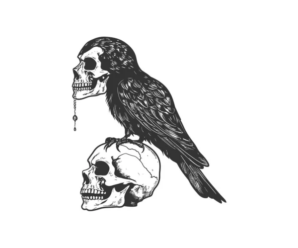 Corbeau Assis Sur Crâne Humain Croquis Dessiné Main Illustration Vectorielle — Image vectorielle