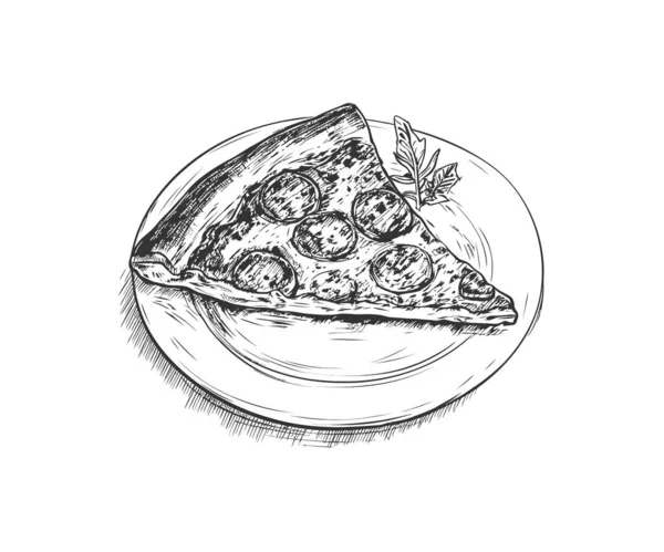 Kawałek Pizzy Pepperoni Talerzu Szkicu Dłoni Projekt Ilustracji Wektorowej — Wektor stockowy