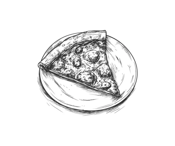 盘子草图上的薄片意大利辣披萨手绘 矢量图解设计 — 图库矢量图片
