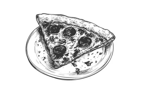 Fetta Pizza Salame Piccante Piatto Schizzo Mano Disegnare Progettazione Illustrazione — Vettoriale Stock