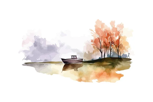 ボートが付いている水彩の農村の風景 ベクトルイラストデザイン — ストックベクタ
