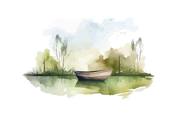 Watercolor Rural Landscape Boat Vector Illustration Design — Stock Vector