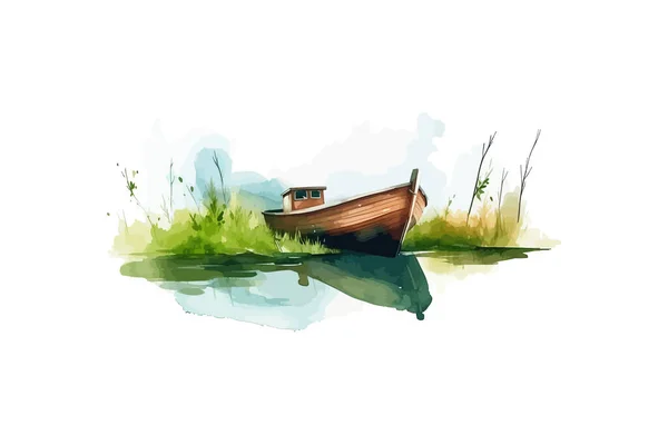 Acquerello Paesaggio Rurale Con Barca Progettazione Illustrazione Vettoriale — Vettoriale Stock