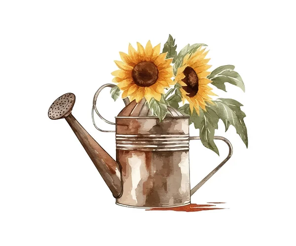 Watercolor Rusty Iron Watering Can Sunflower Vector Illustration Design — Stock Vector