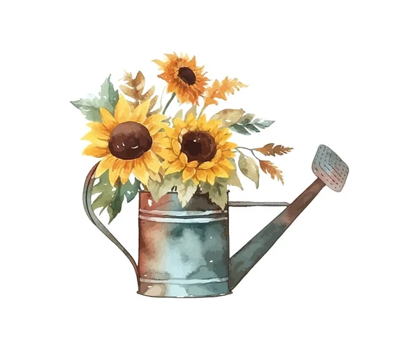 Aquarell Rostige Eisen Gießkanne Mit Sonnenblumen Vektor Illustrationsdesign — Stockvektor