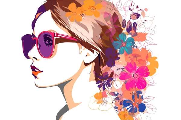 Mädchen Trägt Sonnenbrille Mit Blumenmuster Vektor Illustrationsdesign — Stockvektor